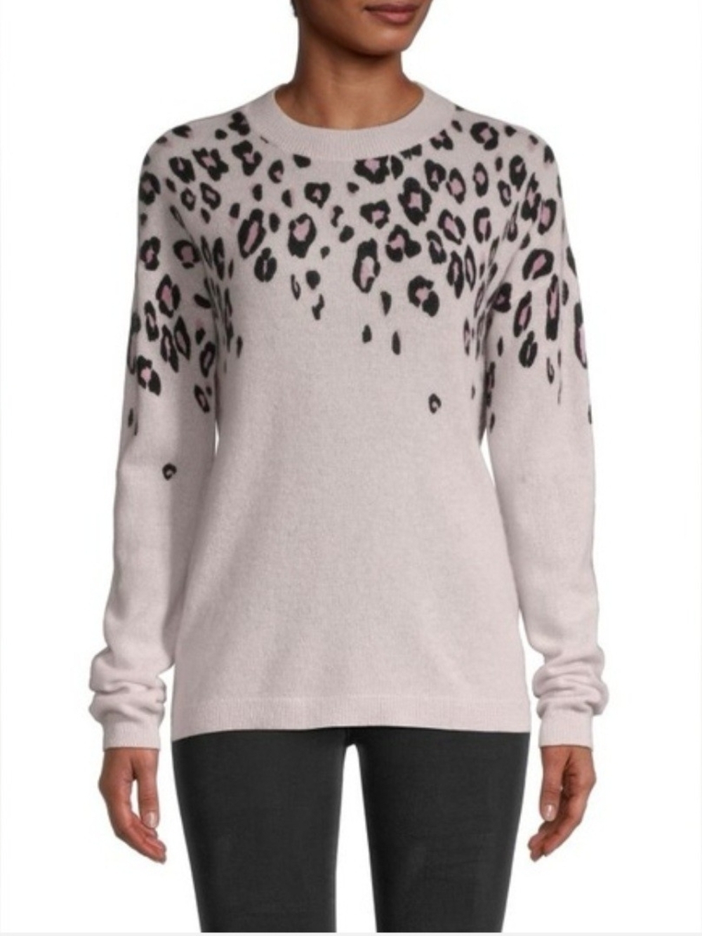 Saks Fifth Avenue Tan Leopard-Print 100% Cashmere Crewneck Sweater Size S!